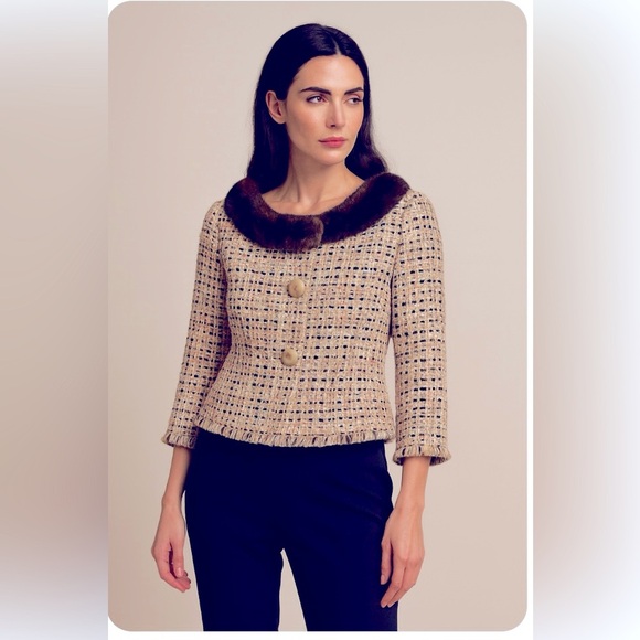 A370 Dana Buchman Mink Fur Trim Tweed Jacket Sz 4P Brown Pink Cream Luxury - Picture 2 of 10